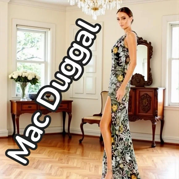 Mac Duggal Black, Silver and Pink Floral Sequin, Backless Cutout Dress - Picture 3 of 8